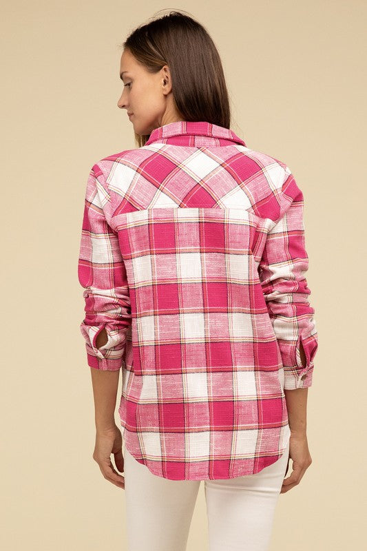 Cotton Plaid Shacket With Front Pocket