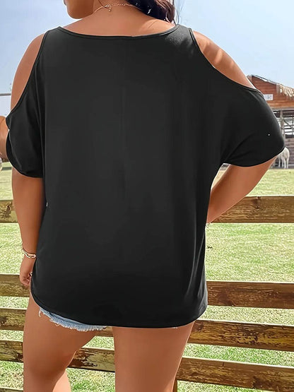 Plus Size Skeleton Graphic Round Neck Cold Shoulder T-Shirt - Halloween Top - Fashions Envy