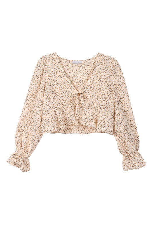 Long Puff Sleeve Floral V-Neck Blouse