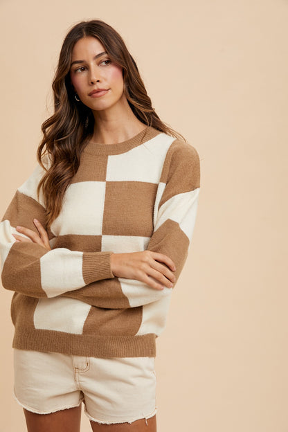 Mocha Checkered Round Neck Dropped Shoulder Sweater