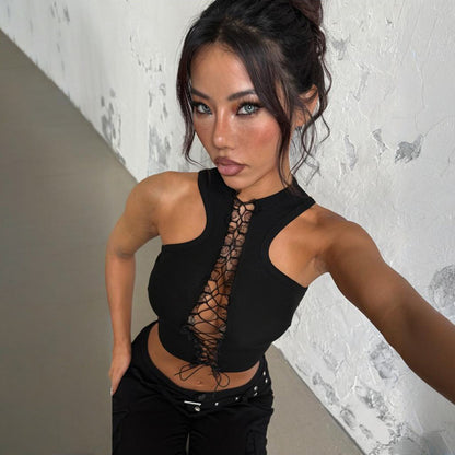 Strappy Crop Top - Cross Back Slim Fit Black