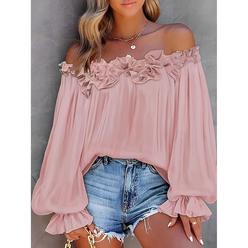 Women's Summer Off Shoulder Ruffle Long Sleeve Blouse - Casual Loose Top