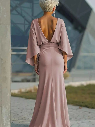 Batwing Sleeve Ruched Maxi Dress - Elegant Gown