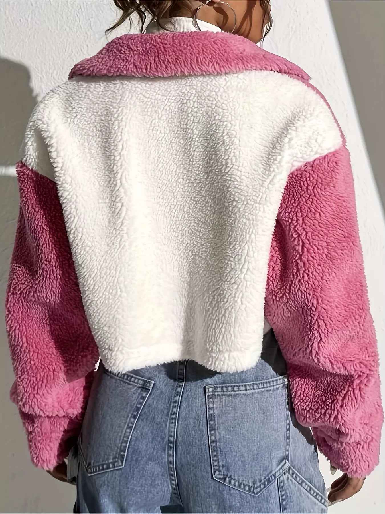 Two-Tone Plush Cropped Jacket - Cozy Button-Up Style - Fashions Envy
