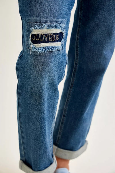 Judy Blue Mid Rise Boyfriend Embroidered Repair Patch Jeans - Fashions Envy