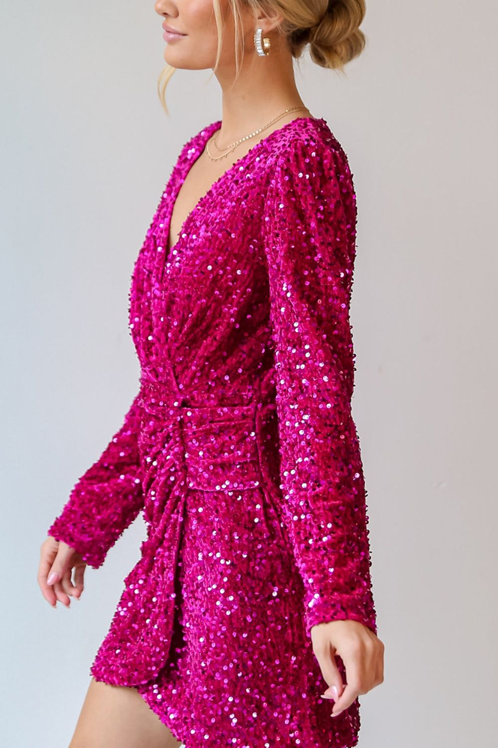 Deep Rose Sequin Surplice Long Sleeve Mini Dress