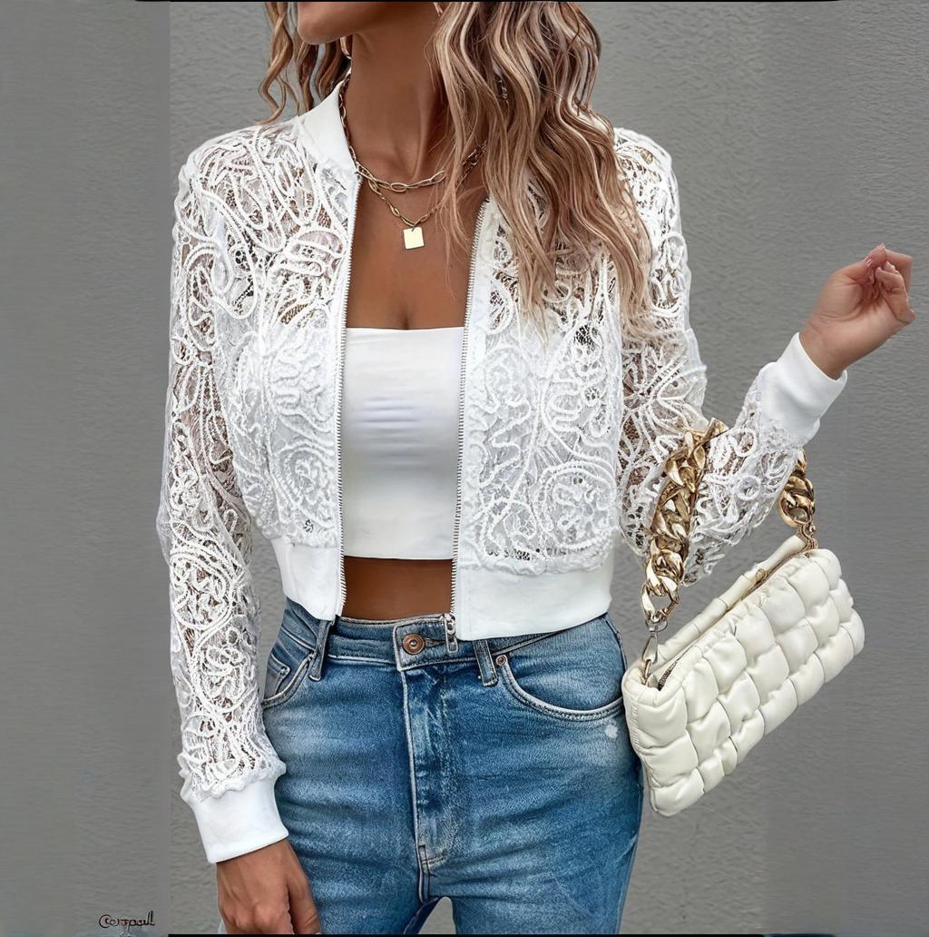 Elegant Lace Cropped Zip-Up Long Sleeve Jacket