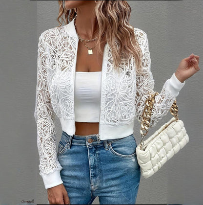 Elegant Lace Cropped Zip-Up Long Sleeve Jacket