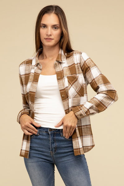 Cotton Plaid Shacket With Front Pocket - Fashions Envy