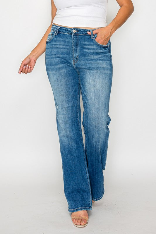 Medium Blue Full Size Distressed High Rise Jeans with Pockets