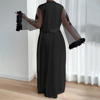 Sheer Lace Robe - Full Length Boa Sleeve Intimate Wear