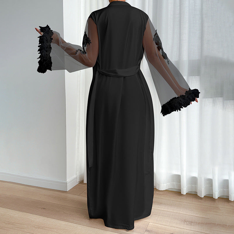 Sheer Lace Robe - Full Length Boa Sleeve Intimate Wear