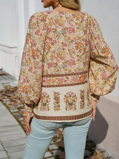 Bohemian Blouse - Floral Print Tie Neck - Fashions Envy