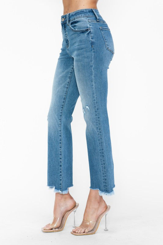 Medium Blue Raw Hem Distressed Mid Rise Crop Jeans