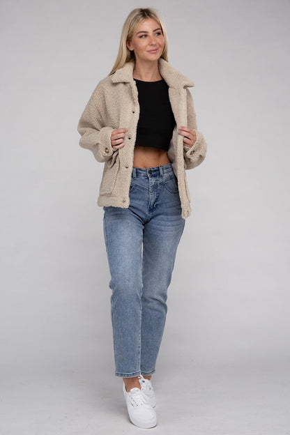 Cozy Sherpa Button-Front Long Sleeve Jacket