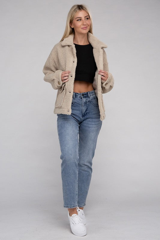 Cozy Sherpa Button-Front Long Sleeve Jacket