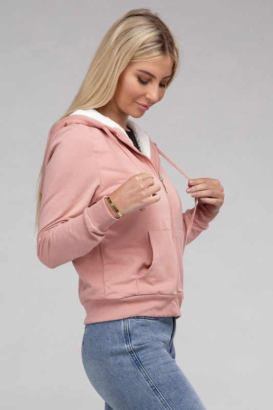 Fuzzy Trim Zip-Up Cropped Length Hoodie