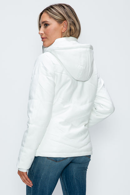 White Pocketed Zip Up Puffer Jacket with Removable Hood