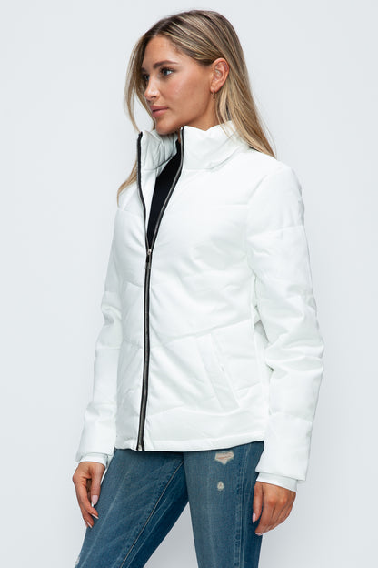 White Pocketed Zip Up Puffer Jacket with Removable Hood