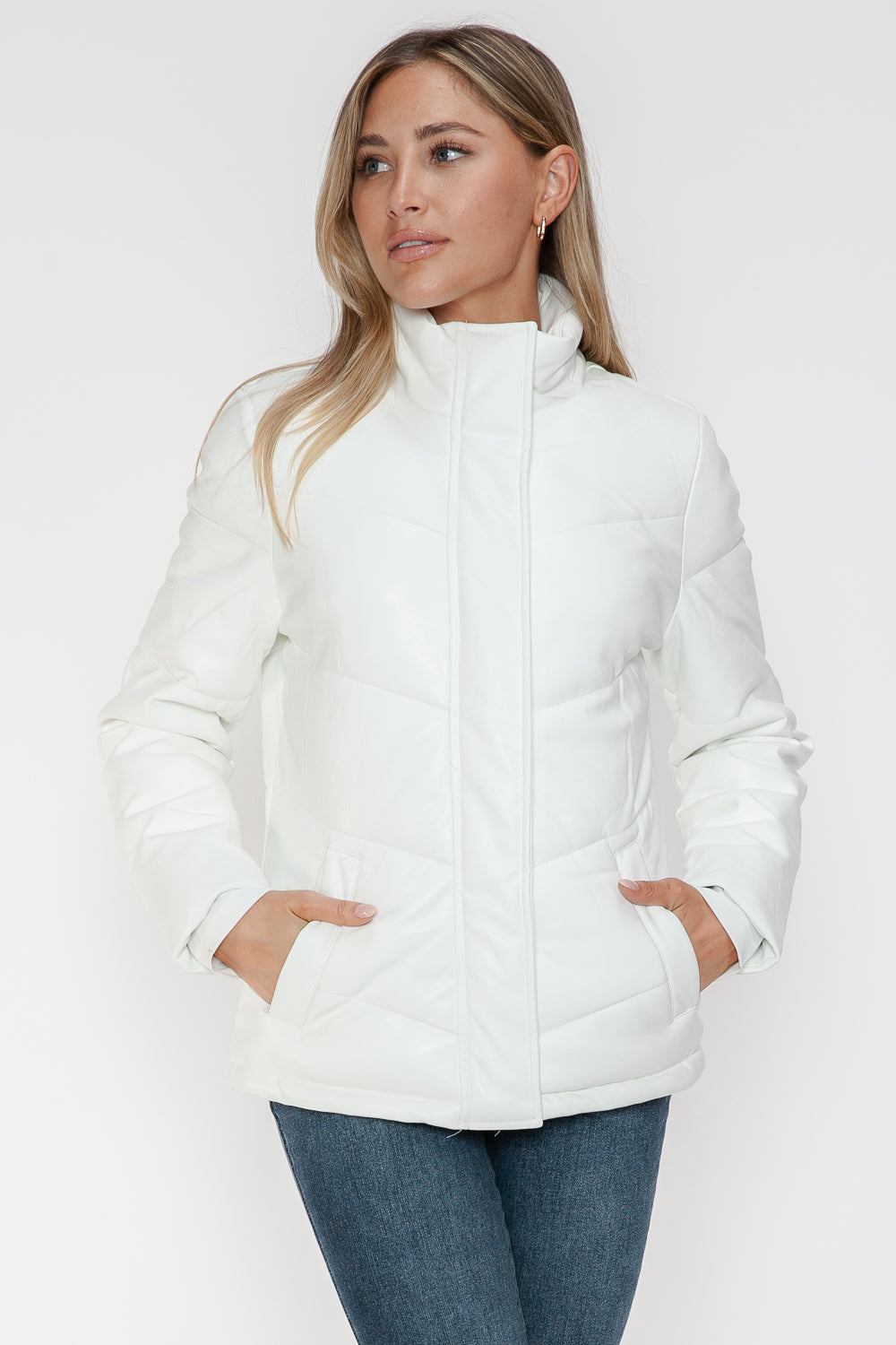 Pocketed Zip Up Turtleneck White Puffer Jacket