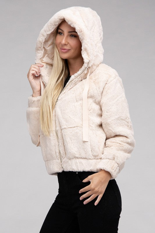 Fluffy Zip-Up Drawstring Teddy Hoodie