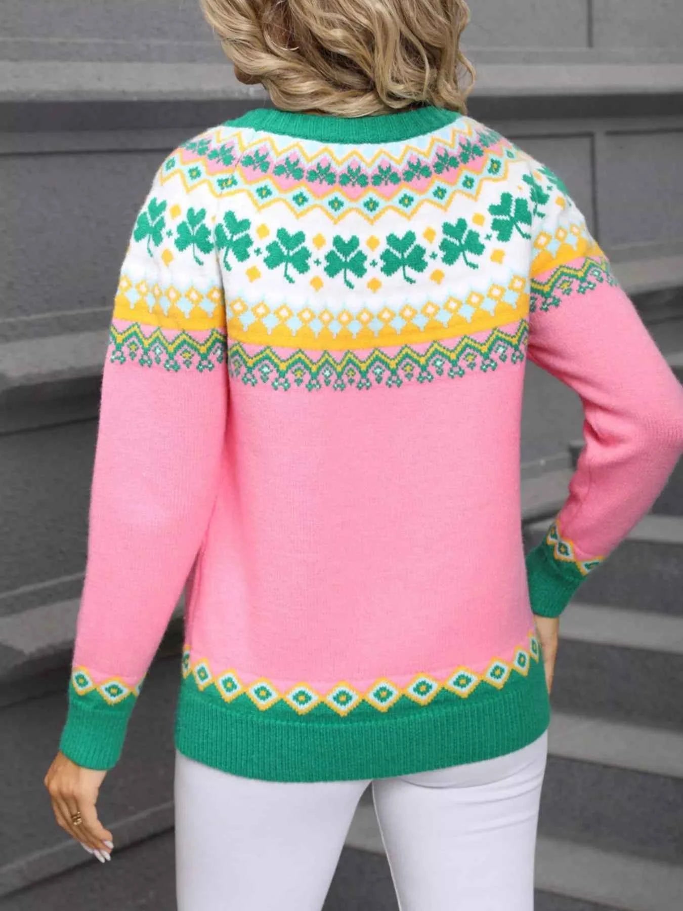 Clover Pattern Sweater - Long Sleeve Knitted Round Neck - Fashions Envy