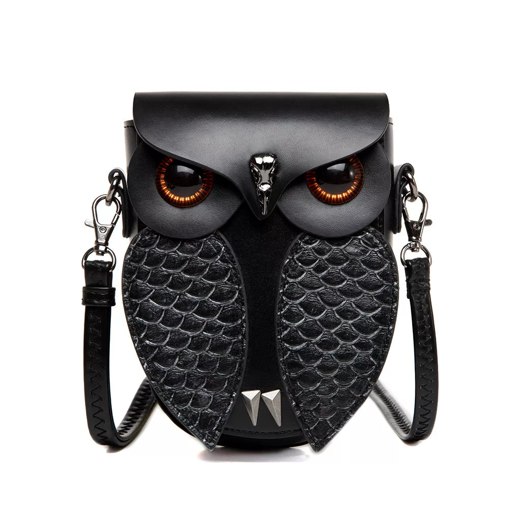 Owl Crossbody Bag - Black Leather Mini Design - Fashions Envy