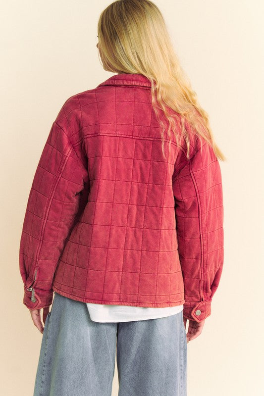 Brick Red Quilted Button Down Shacket with Chest Pockets