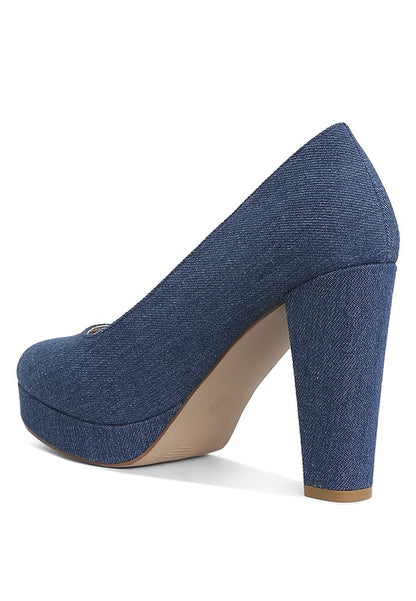 Kostur Blue Denim Block Heel Pumps