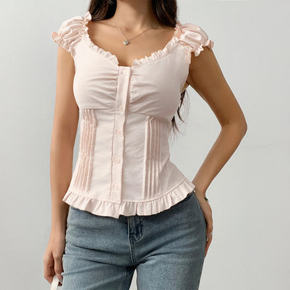 Off-Shoulder Ruffle Top - Button-Front Pleated Blouse