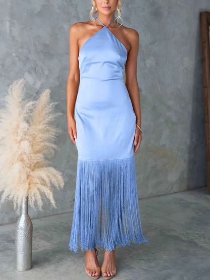 Fringe Halter Dress - Backless Bodycon Maxi Dress - Fashions Envy