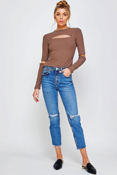 Ribbed Fitted Long Sleeve Top With Chest & Elbow Cutouts