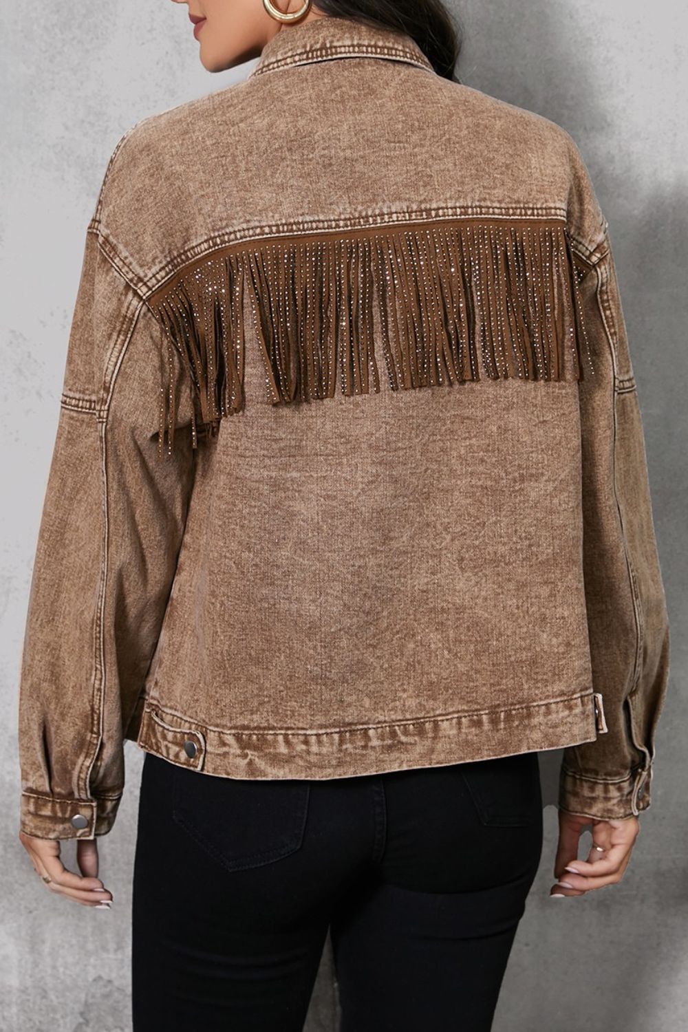 Fringe Trim Snap Down Denim Jacket - Fashions Envy