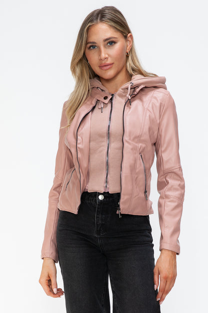 Mauve Faux Leather Zip Up Drawstring Hooded Jacket