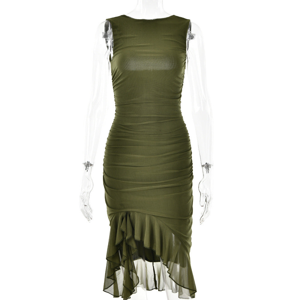 High-Neck Ruffle Hem solid Color Midi Dress