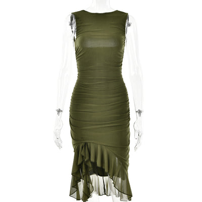 High-Neck Ruffle Hem solid Color Midi Dress