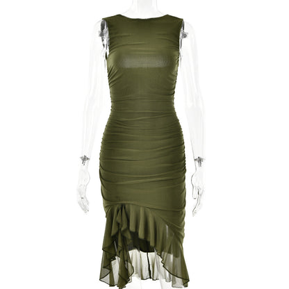 High-Neck Ruffle Hem solid Color Midi Dress