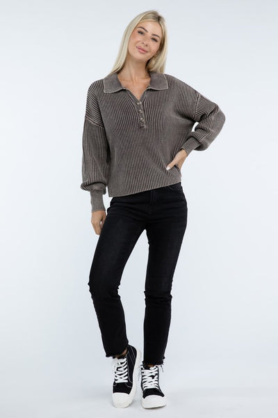 Ribbed Washed Collared Henley Sweater - Fashions Envy