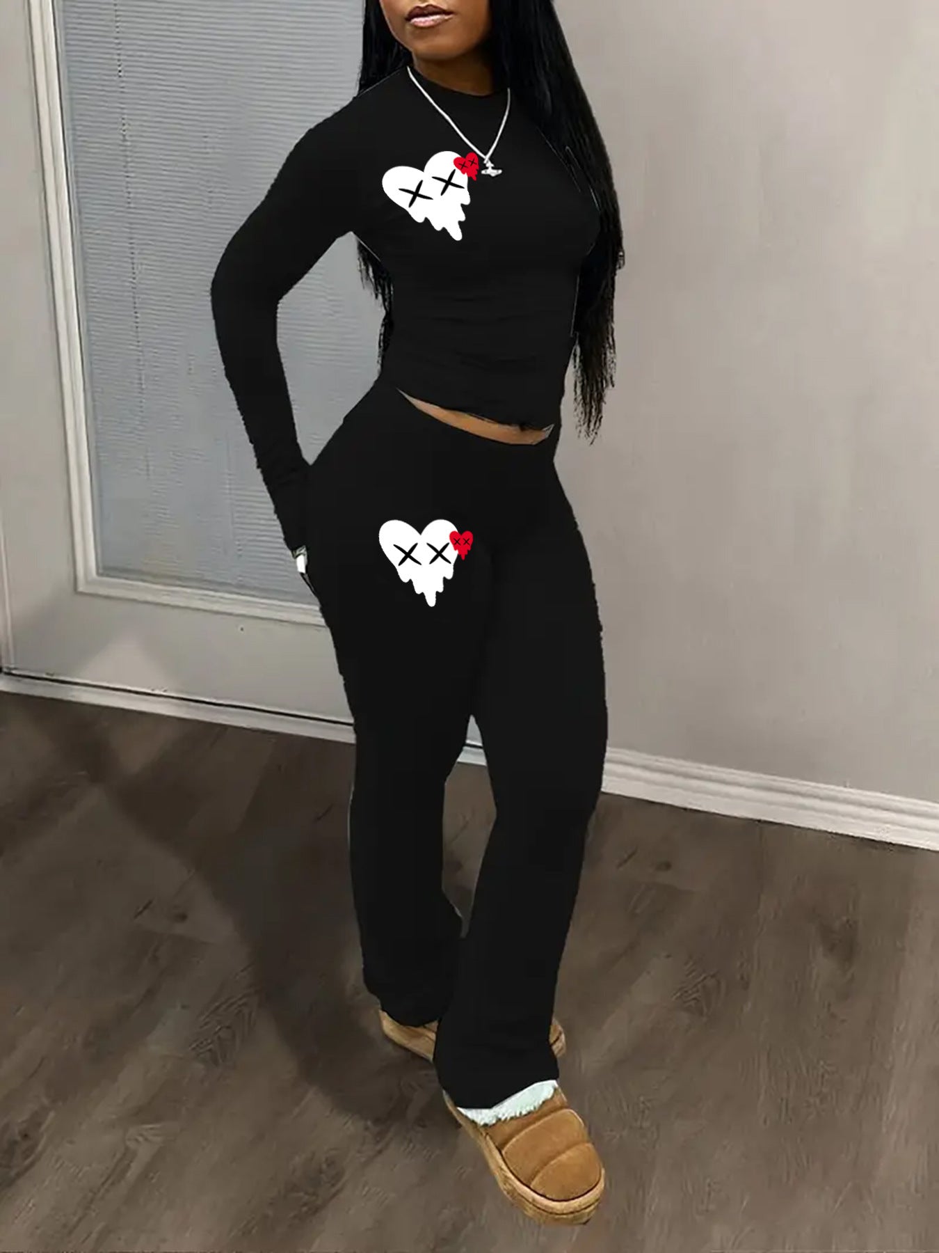 Heart Graphic Two-Piece Set - Matching Crop Top & Pants