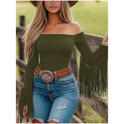 Western Cowgirl Off-Shoulder Fringe Slim Fitted Top