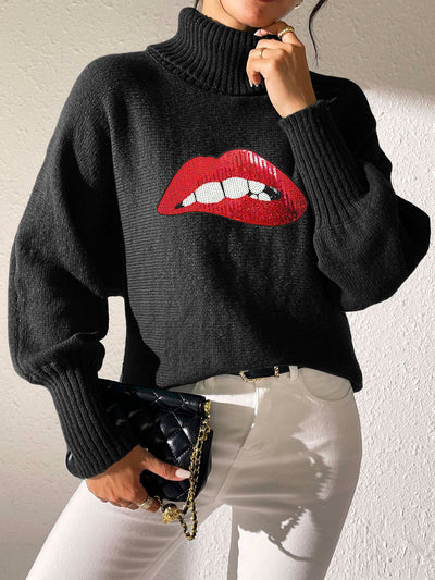 Lip Turtleneck Long Sleeve Sweater - Fashions Envy