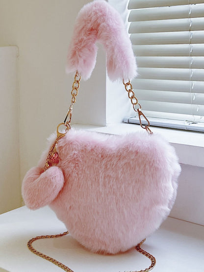 Heart Shape Faux Fur Handbag & Clip-on Mini Heart