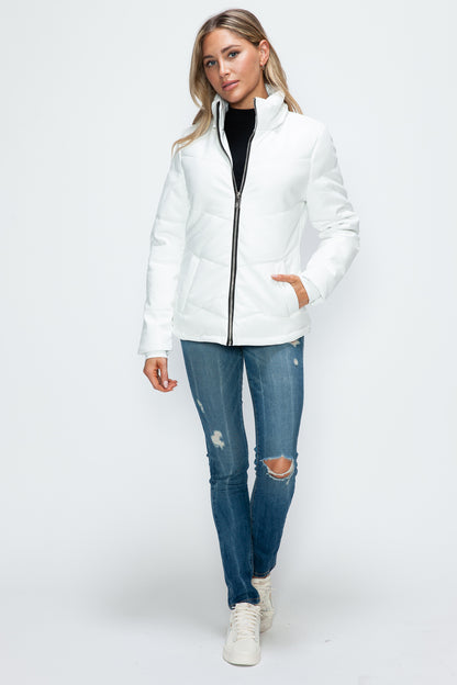 White Pocketed Zip Up Puffer Jacket with Removable Hood