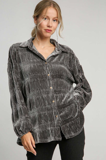 Gray Ruched Tiered Button Up Shirt