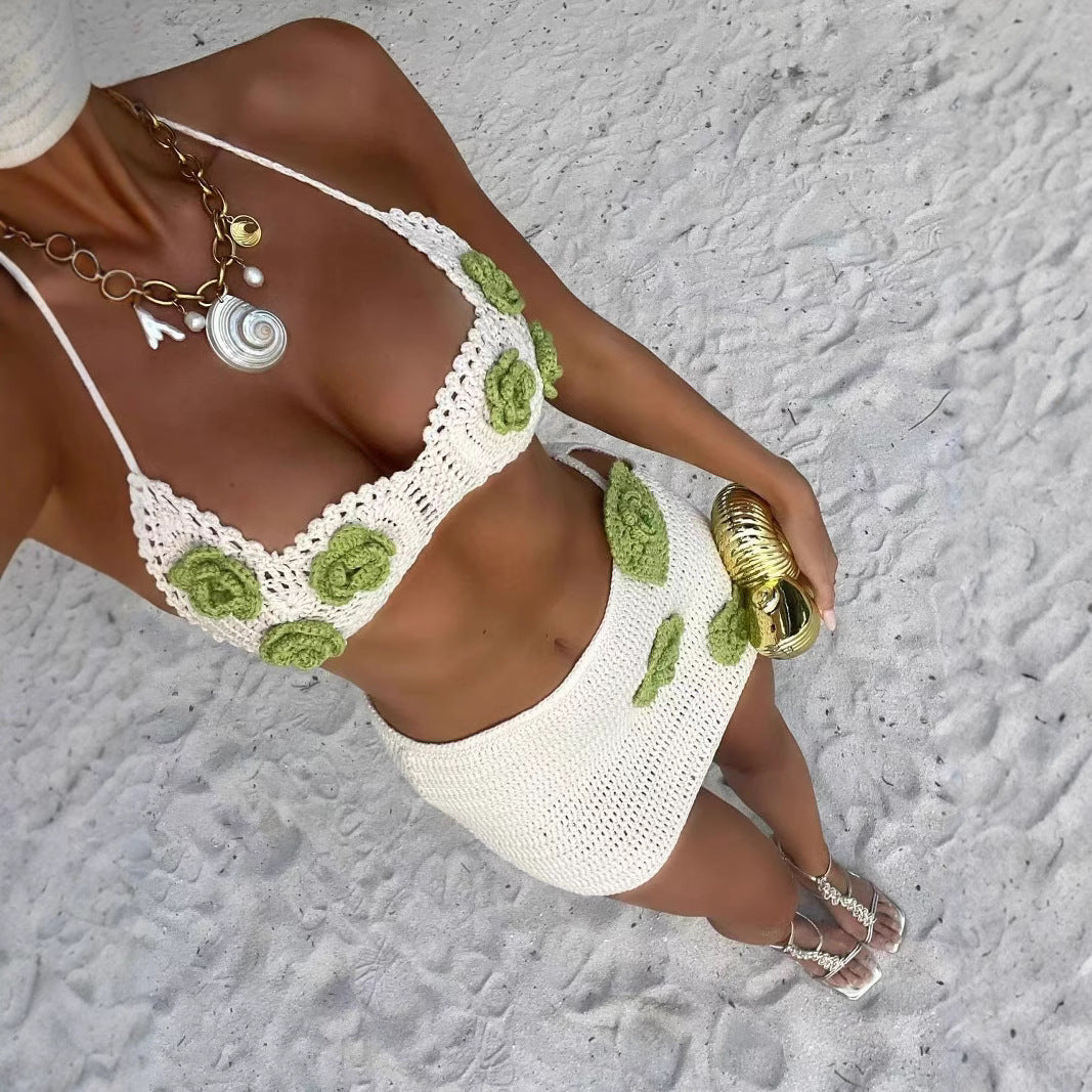 Hollow Knitting Beach Bikini Style Outfit Set