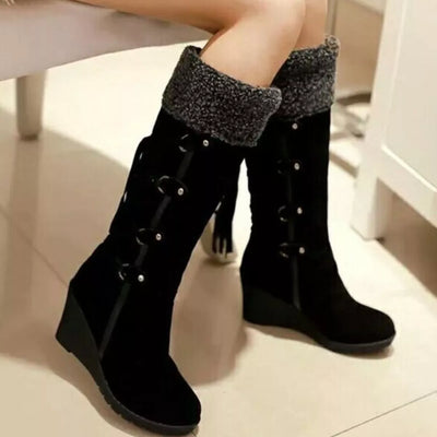 Suede Wedge Boots with Fur Cuff - Fashions Envy