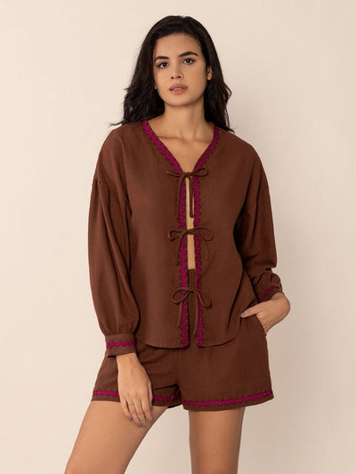 Brown Tied V-Neck Long Sleeve Top and Shorts Set