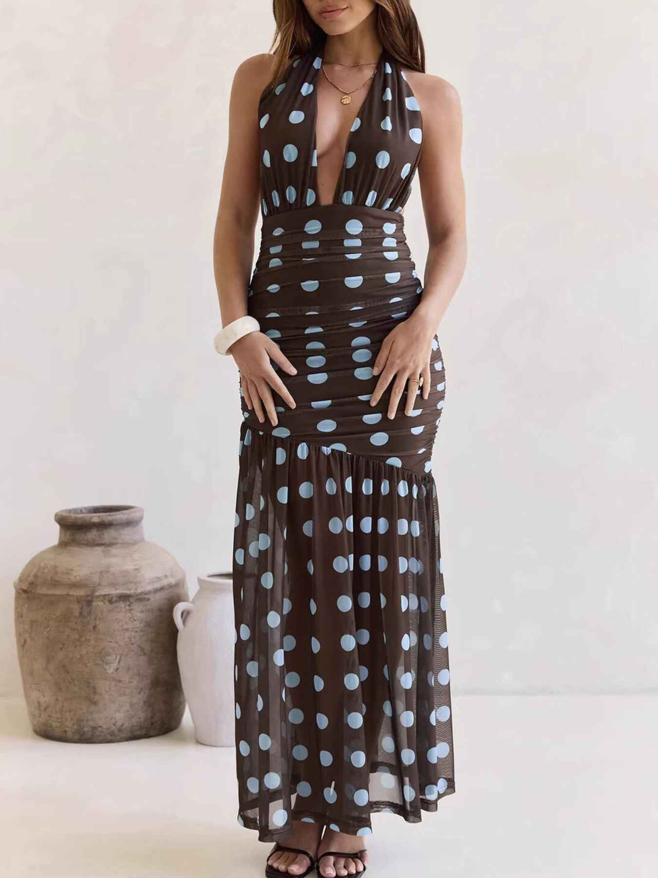 Polka Dot Halter Ruched Maxi Dress