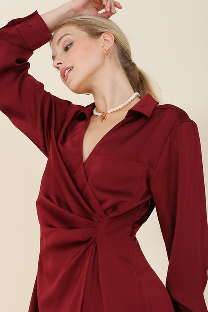 Satin Collared Long Sleeve Wrap Mini Dress
