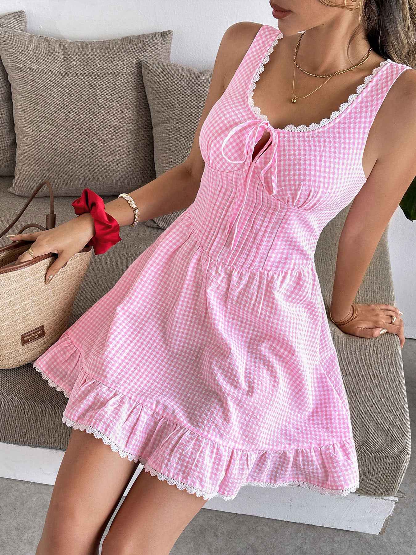 Gingham Lace Trim Mini Dress - Smocked Tie Strap